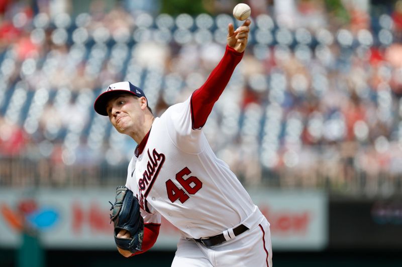 Apr 16, 2023; Washington, District of Columbia, USA; Washington Nationals starting pitcher Patrick Corbin (46) pitches against the Cleveland Guardians during the sixth inning at Nationals Park. Mandatory Credit: Geoff Burke-USA TODAY Sports