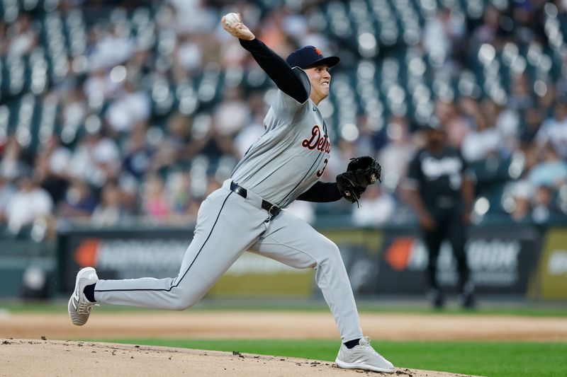 Aug 26, 2024; Chicago, Illinois, USA; Detroit Tigers starting pitcher Ty Madden (36) delivers a pitch against the Chicago White Sox during the first inning at Guaranteed Rate Field. Mandatory Credit: Kamil Krzaczynski-USA TODAY Sports