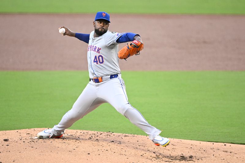 Aug 22, 2024; San Diego, California, USA; New York Mets starting pitcher Luis Severino (40) pitches against the San Diego Padres during the first inning at Petco Park. Mandatory Credit: Orlando Ramirez-USA TODAY Sports