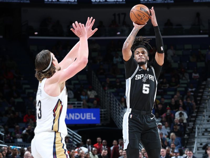 NEW ORLEANS, LA - FEBRUARY 25: Stephon Castle #5 of the San Antonio Spurs shoots the ball during the game against the New Orleans Pelicans on February 25, 2025 at the Smoothie King Center in New Orleans, Louisiana. NOTE TO USER: User expressly acknowledges and agrees that, by downloading and or using this Photograph, user is consenting to the terms and conditions of the Getty Images License Agreement. Mandatory Copyright Notice: Copyright 2025 NBAE (Photo by Jeff Haynes/NBAE via Getty Images)