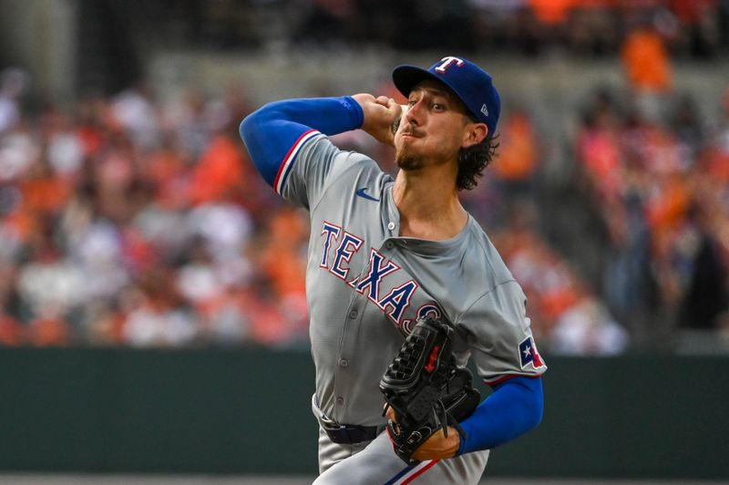 Jun 29, 2024; Baltimore, Maryland, USA; Texas Rangers pitcher Michael Lorenzen (23) throws a first inning pitch against the Baltimore Orioles at Oriole Park at Camden Yards. Mandatory Credit: Tommy Gilligan-USA TODAY Sports