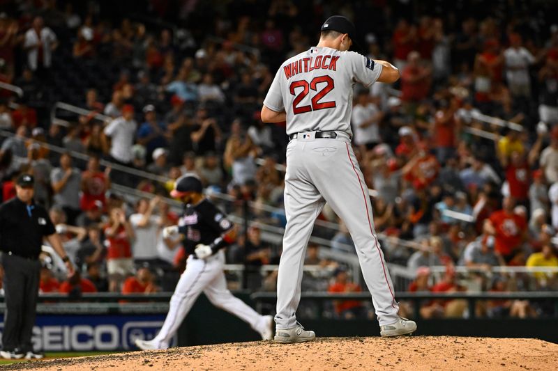 Aug 16, 2023; Washington, District of Columbia, USA; Boston Red Sox starting pitcher Garrett Whitlock (22) reacts after giving up a three run home run to Washington Nationals catcher Keibert Ruiz (20) during the eighth inning at Nationals Park. Mandatory Credit: Brad Mills-USA TODAY Sports