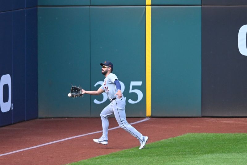 Oct 12, 2024; Cleveland, Ohio, USA; Detroit Tigers outfielder Riley Greene (31) is unable to catch the ball in the third inning against the Cleveland Guardians during game five of the ALDS for the 2024 MLB Playoffs at Progressive Field. Mandatory Credit: David Richard-Imagn Images
