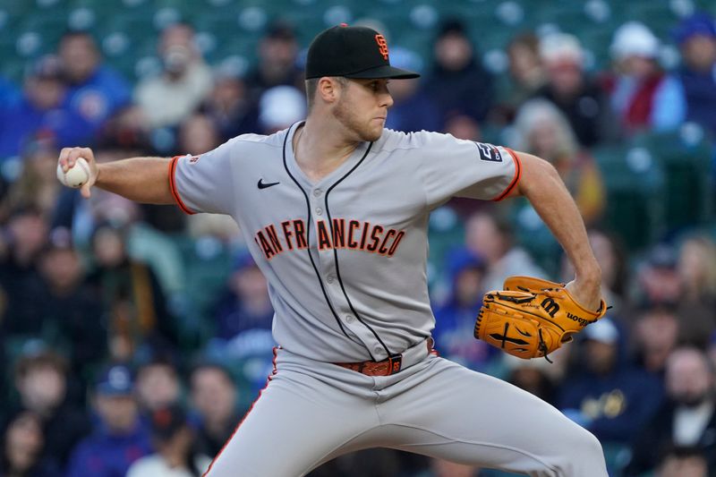 May 5, 2025; Chicago, Illinois, USA; San Francisco Giants pitcher Kyle Harrison (45) throws against the Chicago Cubs during the first inning at Wrigley Field. Mandatory Credit: David Banks-Imagn Images