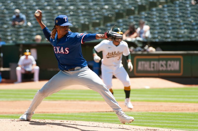 May 7, 2024; Oakland, California, USA; Texas Rangers pitcher José Ureña (54) throws against the Oakland Athletics during the first inning at Oakland-Alameda County Coliseum. Mandatory Credit: Ed Szczepanski-USA TODAY Sports