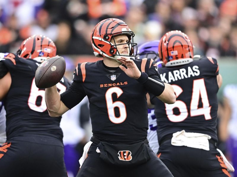 Cincinnati Bengals quarterback Jake Browning (6) drops back to pass during an NFL football game against the Minnesota Vikings on Saturday, Dec. 16, 2023, in Cincinnati. (AP Photo/Emilee Chinn)