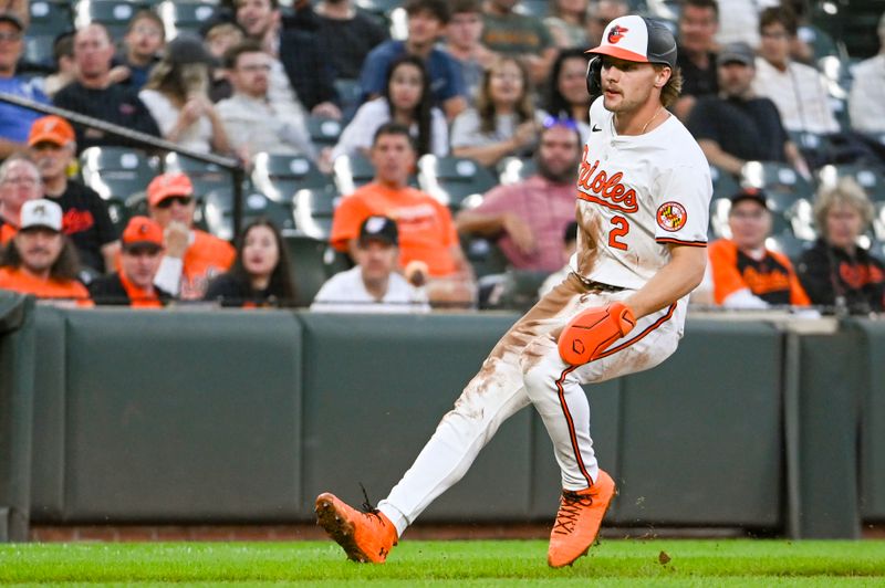 Sep 3, 2024; Baltimore, Maryland, USA;  Baltimore Orioles shortstop Gunnar Henderson (2) rounds third base after a second inning wild pitch against the Chicago White Sox  at Oriole Park at Camden Yards. Mandatory Credit: Tommy Gilligan-Imagn Images