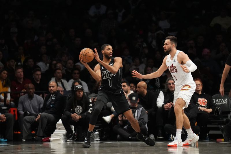 BROOKLYN, NY - FEBRUARY 8: Mikal Bridges #1 of the Brooklyn Nets looks to pass the ball during the game against the Cleveland Cavaliers on February 8, 2024 at Barclays Center in Brooklyn, New York. NOTE TO USER: User expressly acknowledges and agrees that, by downloading and or using this Photograph, user is consenting to the terms and conditions of the Getty Images License Agreement. Mandatory Copyright Notice: Copyright 2024 NBAE (Photo by Jesse D. Garrabrant/NBAE via Getty Images)