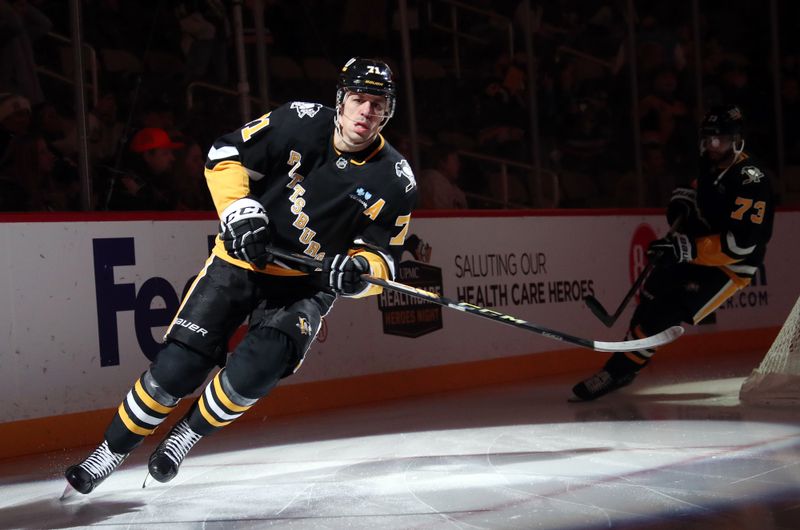 Jan 14, 2025; Pittsburgh, Pennsylvania, USA;  Pittsburgh Penguins center Evgeni Malkin (71) takes the ice against the Seattle Kraken at PPG Paints Arena. Mandatory Credit: Charles LeClaire-Imagn Images