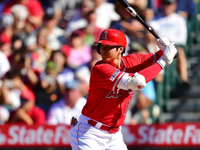 Jul 19, 2023; Anaheim, California, USA;  Los Angeles Angels designated hitter Shohei Ohtani (17) hits against the New York Yankees during the third inning at Angel Stadium. Mandatory Credit: Gary A. Vasquez-USA TODAY Sports