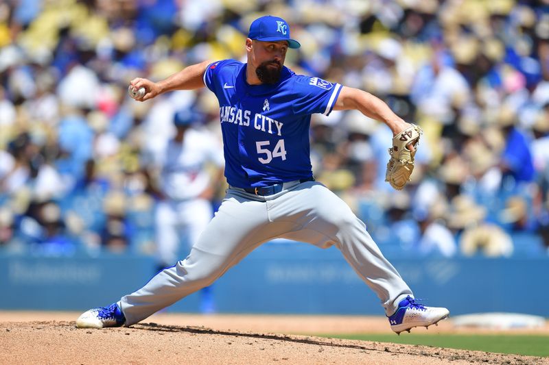 Jun 16, 2024; Los Angeles, California, USA; Kansas City Royals pitcher Dan Altavilla (54) throws against the Los Angeles Dodgers during the seventh inning at Dodger Stadium. Mandatory Credit: Gary A. Vasquez-USA TODAY Sports