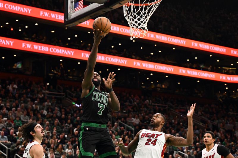 BOSTON, MASSACHUSETTS - DECEMBER 02: Jaylen Brown #7 of the Boston Celtics attempts a basket against the Miami Heat during the third quarter at the TD Garden on December 02, 2024 in Boston, Massachusetts. NOTE TO USER: User expressly acknowledges and agrees that, by downloading and or using this photograph, User is consenting to the terms and conditions of the Getty Images License Agreement. (Photo by Brian Fluharty/Getty Images)