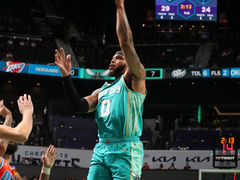 CHARLOTTE, NC - APRIL 7: Miles Bridges #0 of the Charlotte Hornets shoots the ball during the game against the Oklahoma City Thunder on April 7, 2024 at Spectrum Center in Charlotte, North Carolina. NOTE TO USER: User expressly acknowledges and agrees that, by downloading and or using this photograph, User is consenting to the terms and conditions of the Getty Images License Agreement. Mandatory Copyright Notice: Copyright 2024 NBAE (Photo by Kent Smith/NBAE via Getty Images)