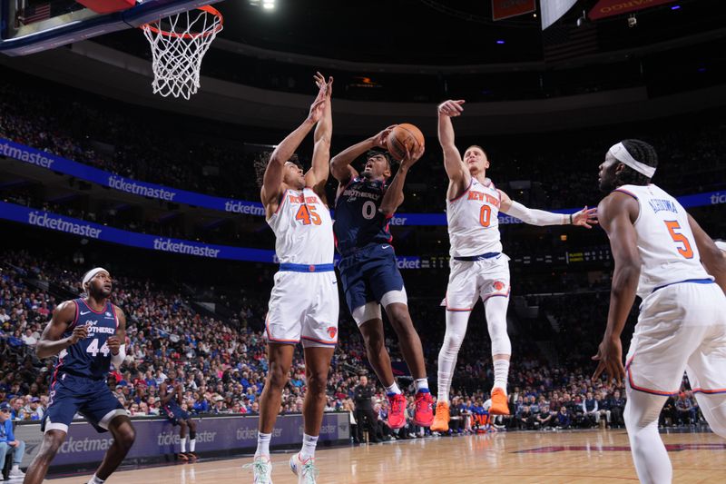 PHILADELPHIA, PA - FEBRUARY 22: Tyrese Maxey #0 of the Philadelphia 76ers drives to the basket during the game against the New York Knicks on February 22, 2024 at the Wells Fargo Center in Philadelphia, Pennsylvania NOTE TO USER: User expressly acknowledges and agrees that, by downloading and/or using this Photograph, user is consenting to the terms and conditions of the Getty Images License Agreement. Mandatory Copyright Notice: Copyright 2024 NBAE (Photo by Jesse D. Garrabrant/NBAE via Getty Images)