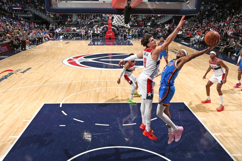 WASHINGTON, DC -? JANUARY 8: Shai Gilgeous-Alexander #2 of the Oklahoma City Thunder drives to the basket during the game against the Washington Wizards on January 8, 2024 at Capital One Arena in Washington, DC. NOTE TO USER: User expressly acknowledges and agrees that, by downloading and or using this Photograph, user is consenting to the terms and conditions of the Getty Images License Agreement. Mandatory Copyright Notice: Copyright 2024 NBAE (Photo by Kenny Giarla/NBAE via Getty Images)