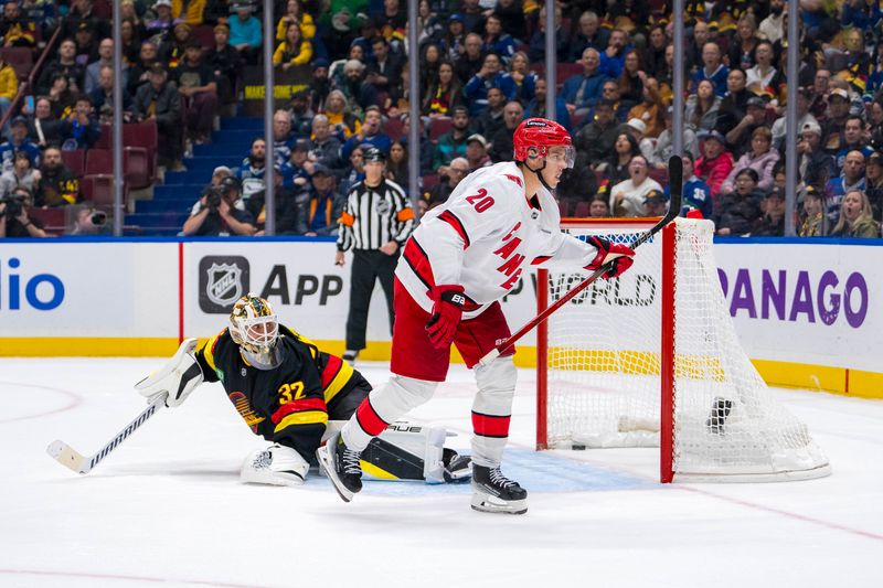 Oct 28, 2024; Vancouver, British Columbia, CAN; Carolina Hurricanes forward Sebastian Aho (20) scores the game winning goal on Vancouver Canucks goalie Kevin Lankinen (32) in overtime at Rogers Arena. Mandatory Credit: Bob Frid-Imagn Images