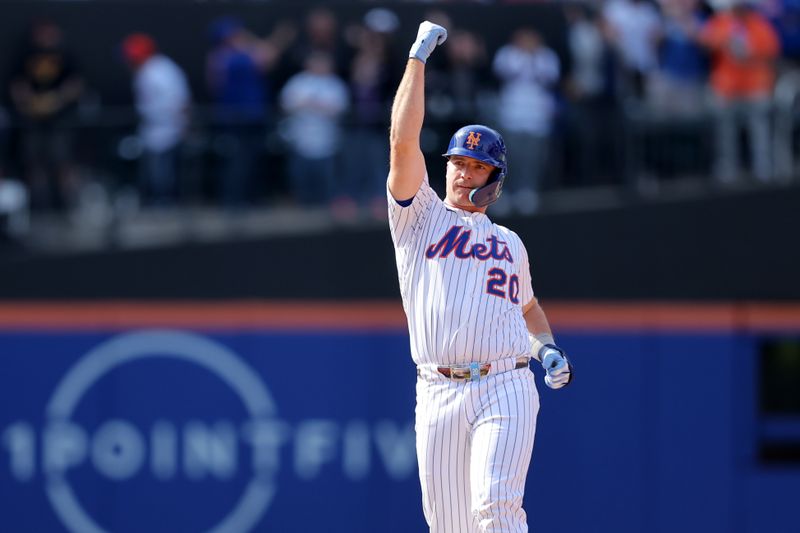 Apr 23, 2025; New York City, New York, USA; New York Mets first baseman Pete Alonso (20) celebrates his game tying RBI double against the Philadelphia Phillies during the tenth inning at Citi Field. Mandatory Credit: Brad Penner-Imagn Images