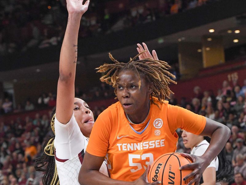 Mar 5, 2023; Greenville, SC, USA; Tennessee forward Jillian Hollingshead (53) scores against South Carolina Gamecocks during the first quarter of the SEC Women's Basketball Tournament at Bon Secours Wellness Arena. Mandatory Credit: Ken Ruinard-USA TODAY Sports