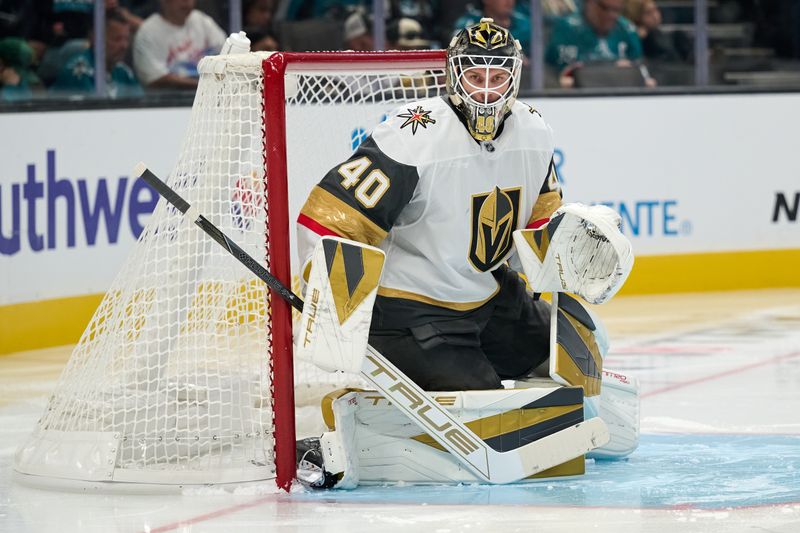 Sep 26, 2025; San Jose, California, USA; Vegas Golden Knights goaltender Akira Schmid (40) warms up before the start of the second period against the San Jose Sharks at SAP Center at San Jose. Mandatory Credit: Robert Edwards-Imagn Images