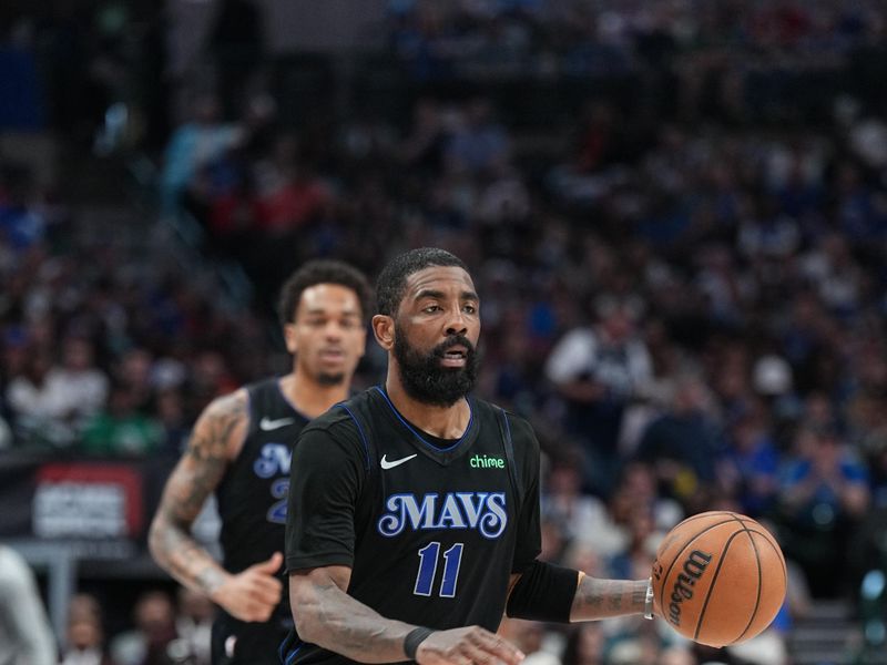 DALLAS, TX - MARCH 3: Kyrie Irving #11 of the Dallas Mavericks dribbles the ball during the game against the Philadelphia 76ers on March 3, 2024 at the American Airlines Center in Dallas, Texas. NOTE TO USER: User expressly acknowledges and agrees that, by downloading and or using this photograph, User is consenting to the terms and conditions of the Getty Images License Agreement. Mandatory Copyright Notice: Copyright 2024 NBAE (Photo by Glenn James/NBAE via Getty Images)