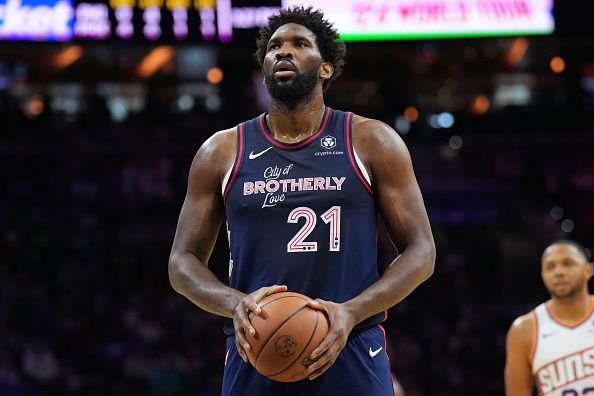 PHILADELPHIA, PA - NOVEMBER 4: Joel Embiid #21 of the Philadelphia 76ers shoots a free throw during the game against the Phoenix Suns on November 4, 2023 at the Wells Fargo Center in Philadelphia, Pennsylvania NOTE TO USER: User expressly acknowledges and agrees that, by downloading and/or using this Photograph, user is consenting to the terms and conditions of the Getty Images License Agreement. Mandatory Copyright Notice: Copyright 2023 NBAE (Photo by Jesse D. Garrabrant/NBAE via Getty Images)