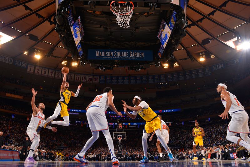 NEW YORK, NY - MAY 21:  Tyrese Haliburton #0 of the Indiana Pacers drives to the basket during the game against the New York Knicks  during Game 1 of the 2025 Eastern Conference Finals on May 21, 2025 at Madison Square Garden in New York City, New York.  NOTE TO USER: User expressly acknowledges and agrees that, by downloading and or using this photograph, User is consenting to the terms and conditions of the Getty Images License Agreement. Mandatory Copyright Notice: Copyright 2025 NBAE  (Photo by Jesse D. Garrabrant/NBAE via Getty Images)