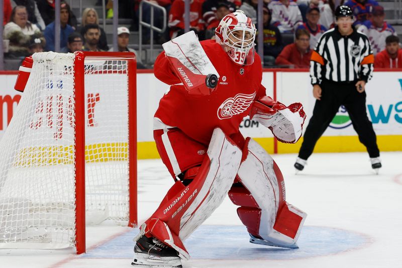 Oct 17, 2024; Detroit, Michigan, USA;  Detroit Red Wings goaltender Cam Talbot (39) makes a save in the first period against the New York Rangers at Little Caesars Arena. Mandatory Credit: Rick Osentoski-Imagn Images