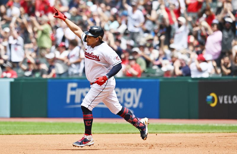 Jun 25, 2023; Cleveland, Ohio, USA; Cleveland Guardians first baseman Josh Naylor (22) rounds the bases after hitting a home run during the second inning against the Milwaukee Brewers at Progressive Field. Mandatory Credit: Ken Blaze-USA TODAY Sports