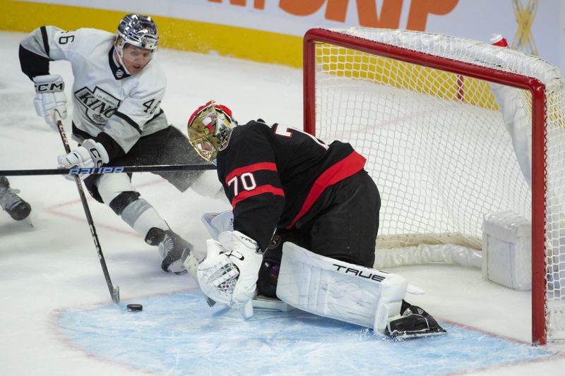 Nov 2, 2023; Ottawa, Ontario, CAN; Los Angeles Kings center Blake Lizotte (46) shoots on Ottawa Senators goalie Joonas Korpisalo (70) in the third period at the Canadian Tire Centre. Mandatory Credit: Marc DesRosiers-USA TODAY Sports
