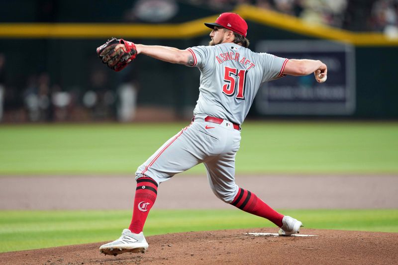 May 13, 2024; Phoenix, Arizona, USA; Cincinnati Reds pitcher Graham Ashcraft (51) pitches against the Arizona Diamondbacks during the first inning at Chase Field. Mandatory Credit: Joe Camporeale-USA TODAY Sports