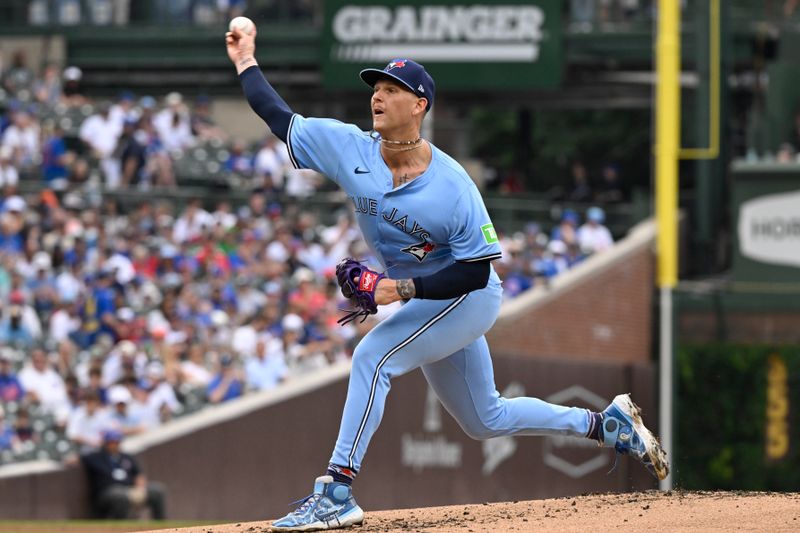 Aug 18, 2024; Chicago, Illinois, USA; Toronto Blue Jays pitcher Bowden Francis (44) delivers against the Chicago Cubs during the first inning at Wrigley Field. Mandatory Credit: Matt Marton-USA TODAY Sports