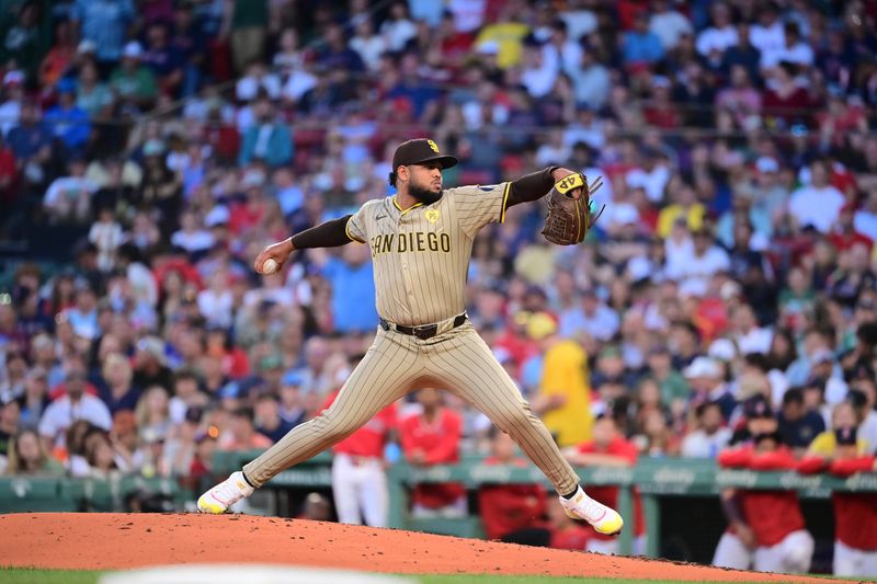 Jun 28, 2024; Boston, Massachusetts, USA; San Diego Padres starting pitcher Randy Vasquez (98) pitches against the Boston Red Sox during the fourth inning at Fenway Park. Mandatory Credit: Eric Canha-USA TODAY Sports