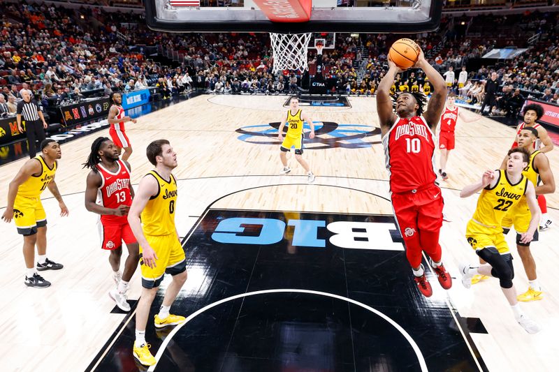 Mar 9, 2023; Chicago, IL, USA; Ohio State Buckeyes forward Brice Sensabaugh (10) goes to the basket against the Iowa Hawkeyes during the second half at United Center. Mandatory Credit: Kamil Krzaczynski-USA TODAY Sports