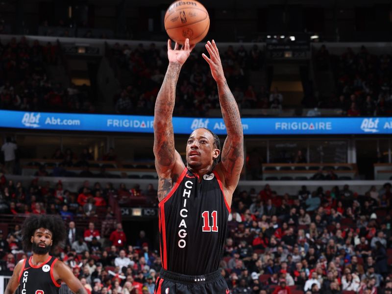 CHICAGO, IL - JANUARY 30: DeMar DeRozan #11 of the Chicago Bulls shoots a free throw during the game against the Toronto Raptors on January 30, 2024 at United Center in Chicago, Illinois. NOTE TO USER: User expressly acknowledges and agrees that, by downloading and or using this photograph, User is consenting to the terms and conditions of the Getty Images License Agreement. Mandatory Copyright Notice: Copyright 2024 NBAE (Photo by Jeff Haynes/NBAE via Getty Images)