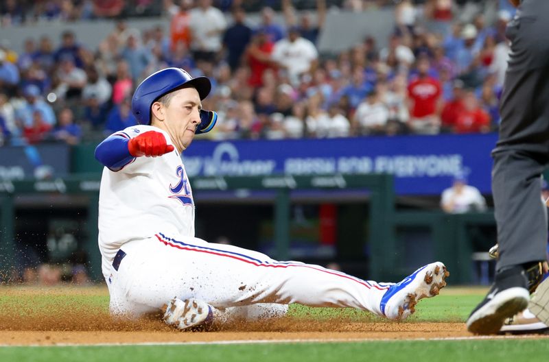 Jul 2, 2024; Arlington, Texas, USA;  Texas Rangers left fielder Wyatt Langford (36) advances to third base after a double during the fifth inning against the San Diego Padres at Globe Life Field. Mandatory Credit: Kevin Jairaj-USA TODAY Sports
