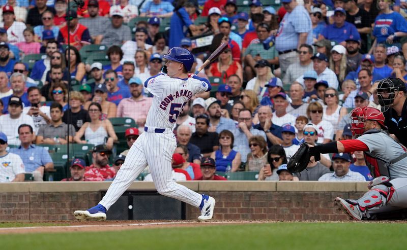 Aug 4, 2024; Chicago, Illinois, USA; Chicago Cubs outfielder Pete Crow-Armstrong (52) hits a double against the St. Louis Cardinals during the second inning at Wrigley Field. Mandatory Credit: David Banks-USA TODAY Sports