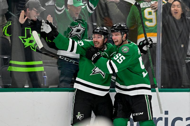 Dec 21, 2023; Dallas, Texas, USA; Dallas Stars center Matt Duchene (95) and defenseman Thomas Harley (55) celebrates after Duchene scores the game winning goal against the Vancouver Canucks during the overtime period at the American Airlines Center. Mandatory Credit: Jerome Miron-USA TODAY Sports