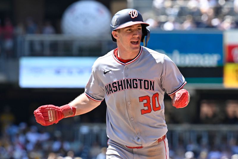 Jun 25, 2025; San Diego, California, USA; Washington Nationals center fielder Jacob Young (30) reacts after CJ Abrams (5) struck out during the sixth inning against the San Diego Padres at Petco Park. Mandatory Credit: Denis Poroy-Imagn Images