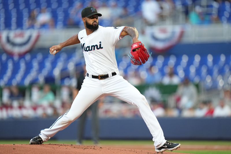 Apr 4, 2023; Miami, Florida, USA;  Miami Marlins starting pitcher Sandy Alcantara (22) pitches against the Minnesota Twins in the first inning at loanDepot Park. Mandatory Credit: Jim Rassol-USA TODAY Sports