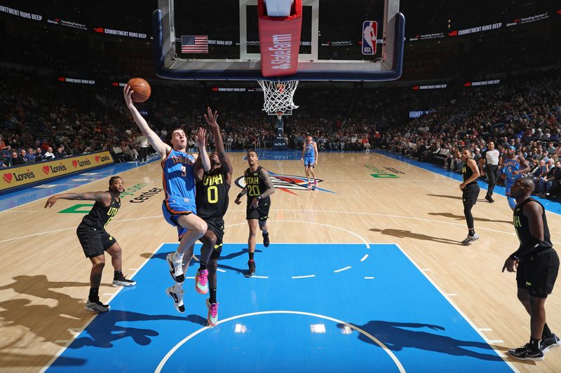 OKLAHOMA CITY, OK - MARCH 20: Josh Giddey #3 of the Oklahoma City Thunder shoots the ball during the game against the Utah Jazz on March 20, 2024 at Paycom Arena in Oklahoma City, Oklahoma. NOTE TO USER: User expressly acknowledges and agrees that, by downloading and or using this photograph, User is consenting to the terms and conditions of the Getty Images License Agreement. Mandatory Copyright Notice: Copyright 2024 NBAE (Photo by Zach Beeker/NBAE via Getty Images)