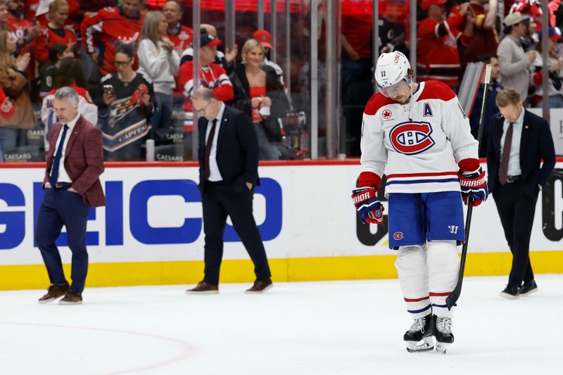 Apr 30, 2025; Washington, District of Columbia, USA; Montreal Canadiens right wing Brendan Gallagher (11) stands on the ice after game five of the first round of the 2025 Stanley Cup Playoffs against the Washington Capitals at Capital One Arena. Mandatory Credit: Geoff Burke-Imagn Images