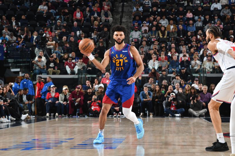 INGLEWOOD, CA - DECEMBER 1: Jamal Murray #27 of the Denver Nuggets handles the ball during the game against the LA Clippers on December 1, 2024 at Intuit Dome in Los Angeles, California. NOTE TO USER: User expressly acknowledges and agrees that, by downloading and/or using this Photograph, user is consenting to the terms and conditions of the Getty Images License Agreement. Mandatory Copyright Notice: Copyright 2024 NBAE (Photo by Juan Ocampo/NBAE via Getty Images)