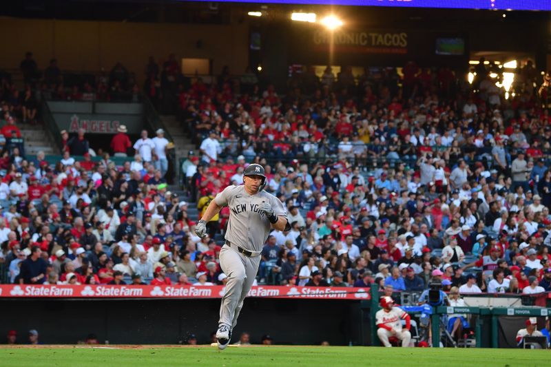 May 27, 2025; Anaheim, California, USA; New York Yankees first baseman Paul Goldschmidt (48) runs after hitting a double against the Los Angeles Angels during the third inning at Angel Stadium. Mandatory Credit: Gary A. Vasquez-Imagn Images
