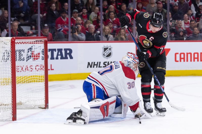 Apr 13, 2024; Ottawa, Ontario, CAN; Montreal Canadiens goalie Cayden Primeau (30) makes a save in front of Ottawa Senators left wing Brady Tkachuk (7) in the first period at the Canadian Tire Centre. Mandatory Credit: Marc DesRosiers-USA TODAY Sports