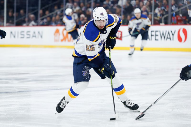 Feb 27, 2024; Winnipeg, Manitoba, CAN; St. Louis Blues forward Jordan Kyrou (25) skates into the Winnipeg Jets zone during the first period at Canada Life Centre. Mandatory Credit: Terrence Lee-USA TODAY Sports