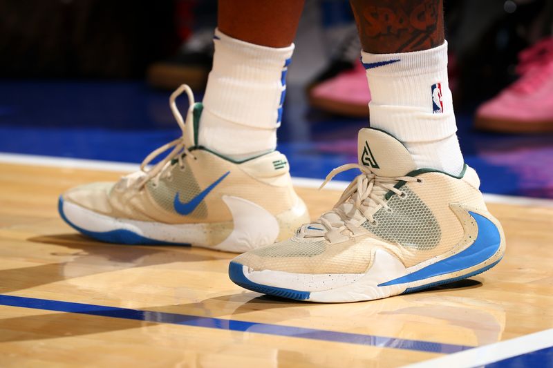 NEW YORK, NY - OCTOBER 13: The sneakers worn by Cameron Payne #1 of the New York Knicks during the game on October 13, 2024 at Madison Square Garden in New York City, New York.  NOTE TO USER: User expressly acknowledges and agrees that, by downloading and or using this photograph, User is consenting to the terms and conditions of the Getty Images License Agreement. Mandatory Copyright Notice: Copyright 2024 NBAE  (Photo by David L. Nemec/NBAE via Getty Images)