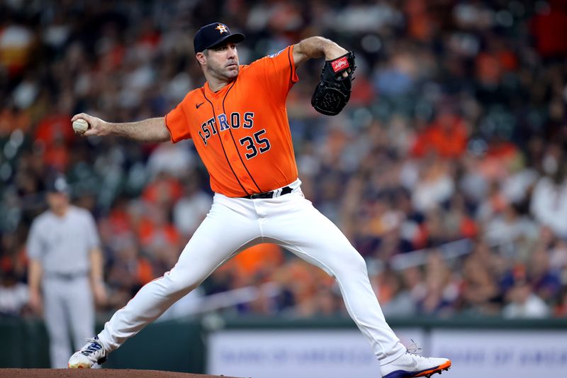 Sep 1, 2023; Houston, Texas, USA; Houston Astros starting pitcher Justin Verlander (35) delivers a pitch against the New York Yankees during the first inning at Minute Maid Park. Mandatory Credit: Erik Williams-USA TODAY Sports
