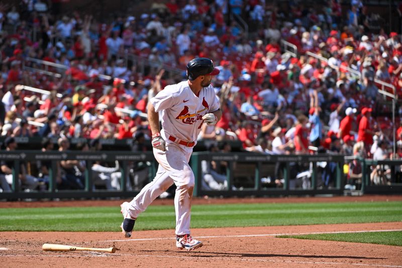 May 7, 2023; St. Louis, Missouri, USA;  St. Louis Cardinals first baseman Paul Goldschmidt (46) hits a two run home run for his third home run of the game against the Detroit Tigers during the eighth inning at Busch Stadium. Mandatory Credit: Jeff Curry-USA TODAY Sports