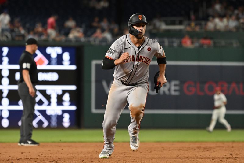 Aug 6, 2024; Washington, District of Columbia, USA; San Francisco Giants left fielder Michael Conforto (8) sprints to third base after hitting a double against the Washington Nationals against the Washington Nationals at Nationals Park. Mandatory Credit: Rafael Suanes-USA TODAY Sports
