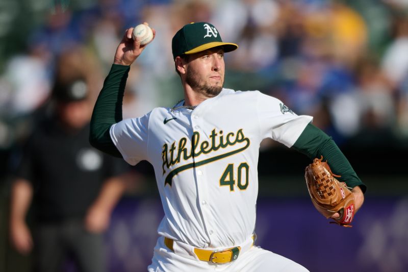 Aug 3, 2024; Oakland, California, USA; Oakland Athletics starting pitcher Mitch Spence (40) throws against the Los Angeles Dodgers during the first inning at Oakland-Alameda County Coliseum. Mandatory Credit: Robert Edwards-USA TODAY Sports